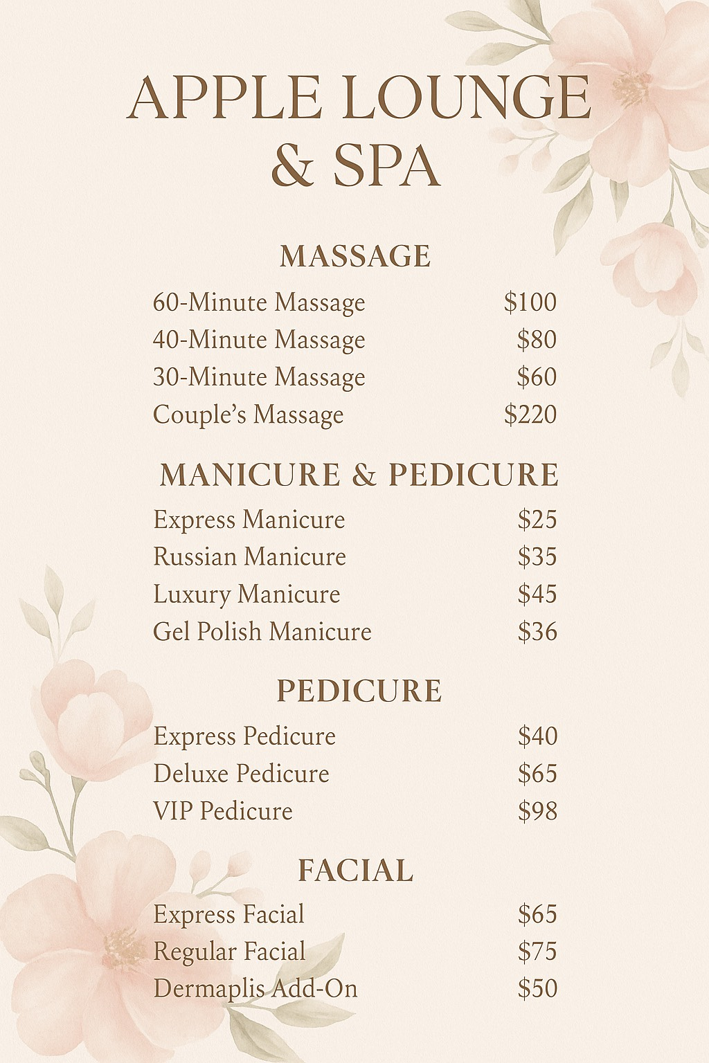 Spa price list: massage, manicure/pedicure, pedicure, and facial services with prices listed.