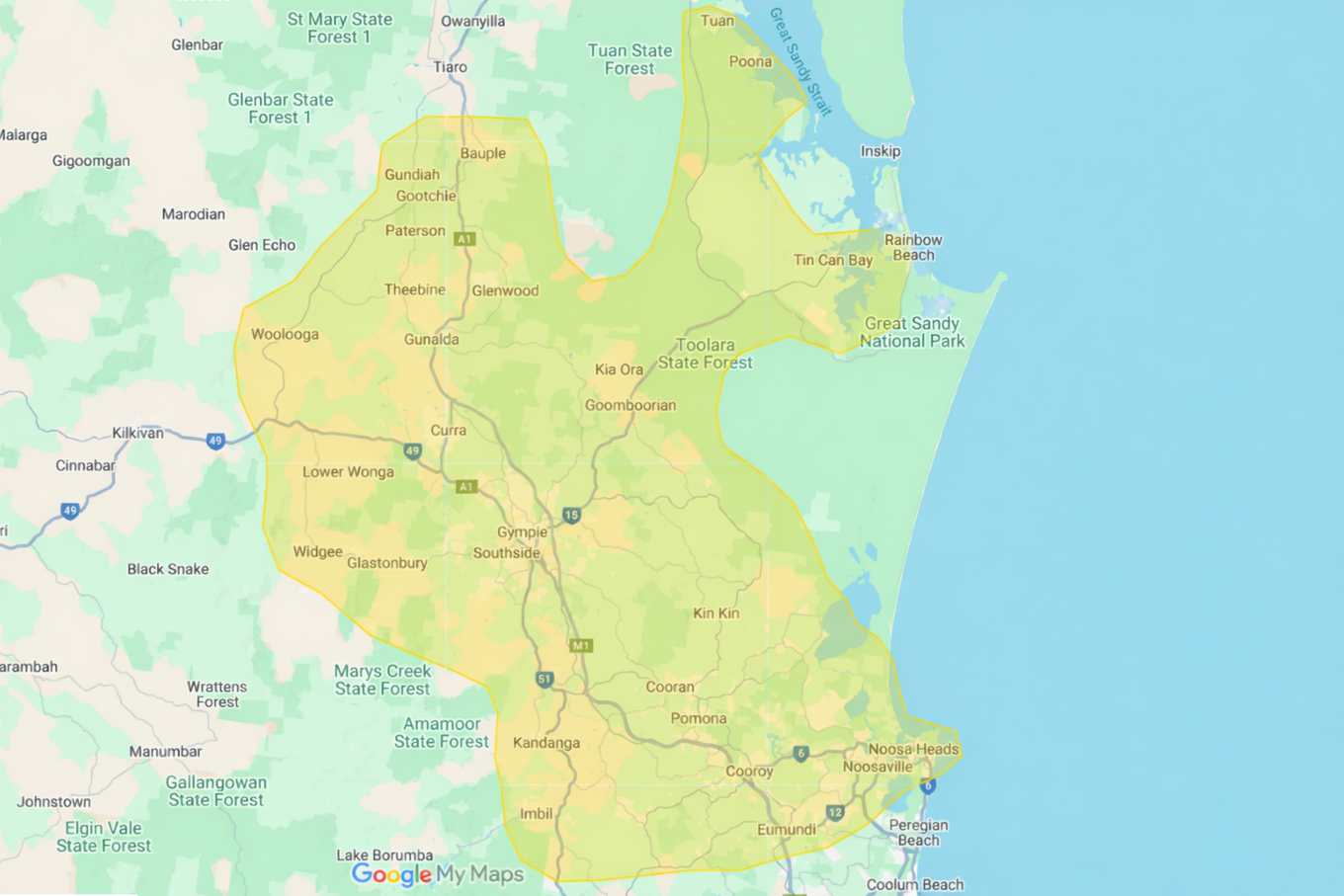 Map Of Queensland, Australia Highlighting An Area In Yellow — Jack Too You Mobile Servicing and Repairs In Goomboorian, QLD