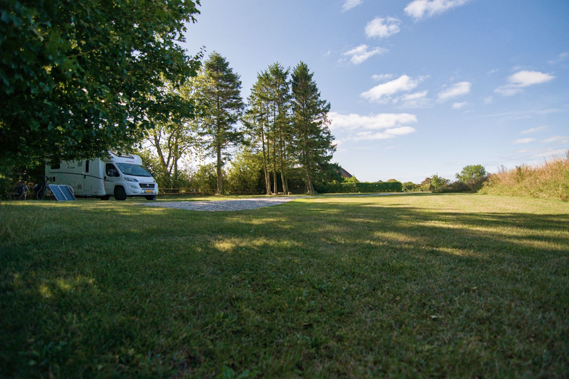 Een witte camper staat geparkeerd naast hoge bomen in een zonnig grasveld onder een blauwe hemel.