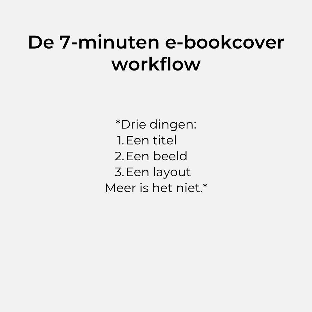 Nederlandse tekstposter: “De 7-minuten e-bookcover workflow” met drie stappen en een citaat eronder.