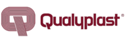 Un logotipo rojo y blanco para Qualyplast sobre un fondo blanco.