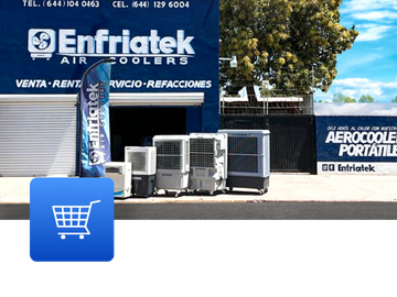 Un escaparate de refrigeradores de aire Enfriatek con un ícono de carrito de compras