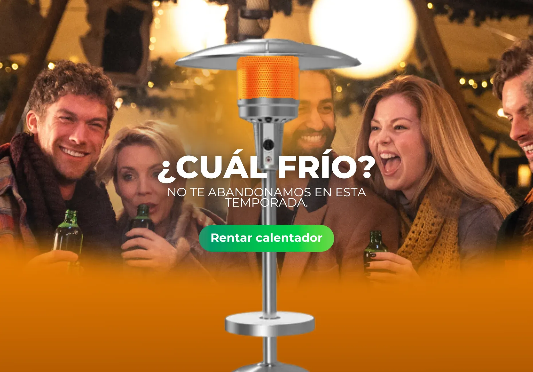 Un grupo de personas están sentadas alrededor de un calentador en un restaurante.