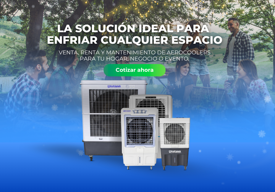 Un grupo de personas están de pie alrededor de un grupo de enfriadores de aire sobre un fondo azul.