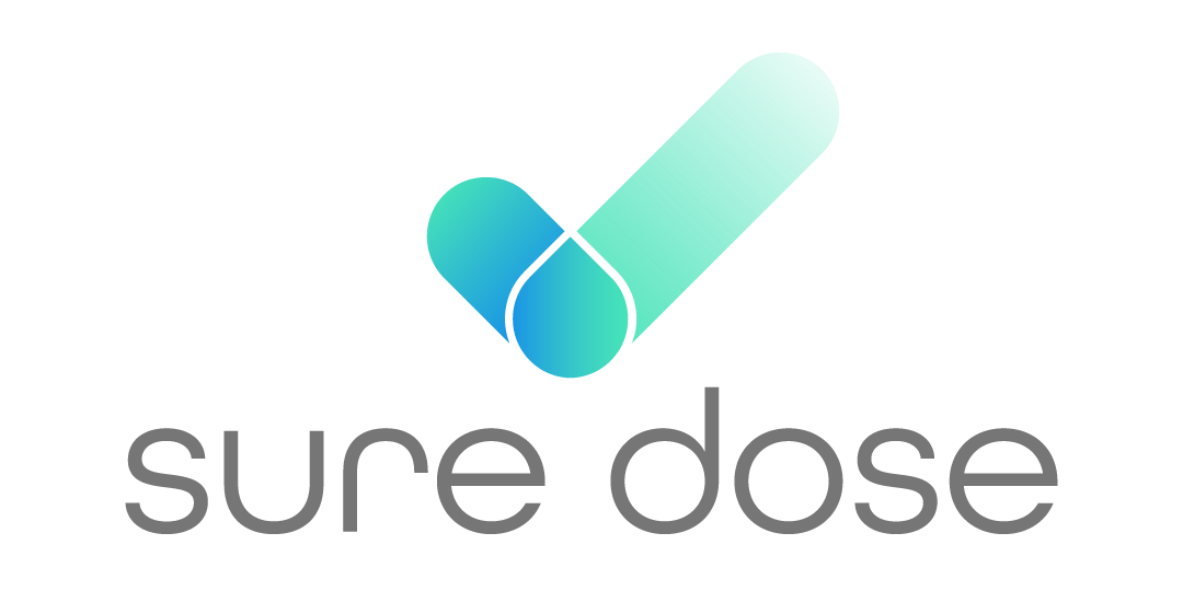 Logo for Sure Dose: a stylized checkmark made of a pill shape in shades of blue and green, with