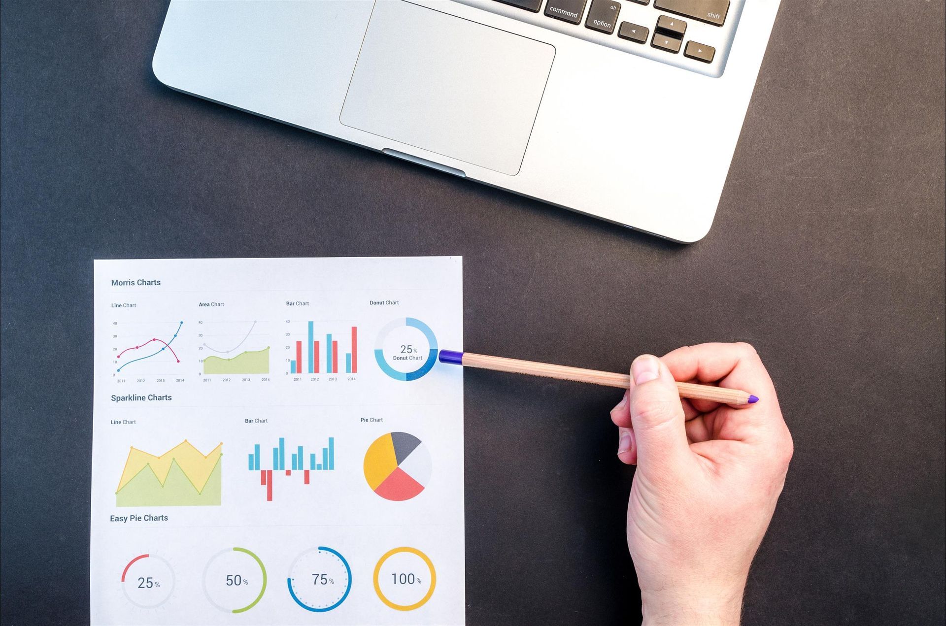 Hand pointing at a pie chart on a printed document with a laptop on a dark surface.