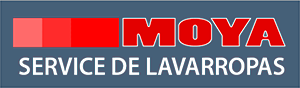 Logotipo de MOA en rojo y gris con el texto “SERVIÇE DE LAVARROPS” sobre un fondo azul claro.