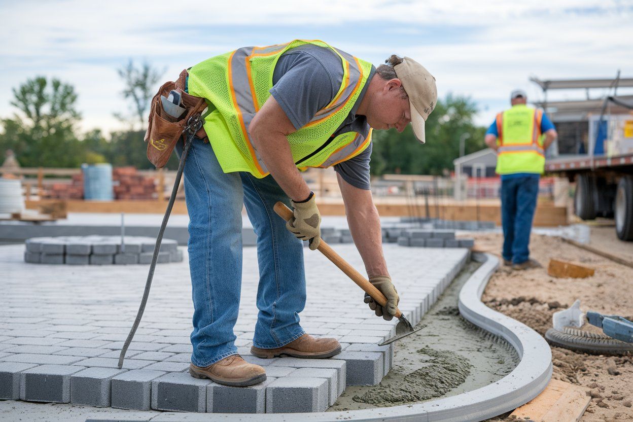 A construction worker is laying bricks on a construction site with a shovel.