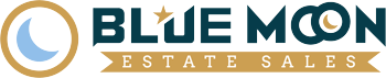 Logo for Blue Moon Estate Sales: blue text, crescent moons, gold accents, on a gold banner.