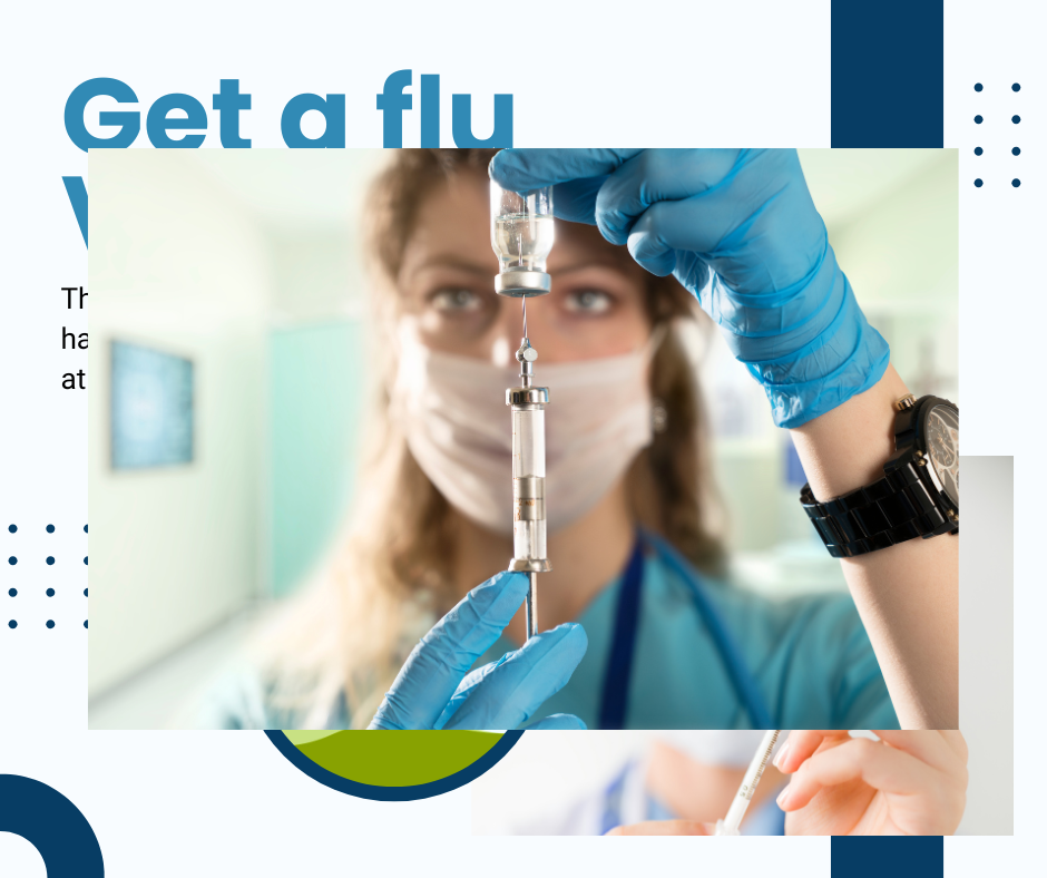 Medical worker with a syringe and vial preparing a flu shot. Wearing blue gloves, mask, and scrubs, inside a medical setting.