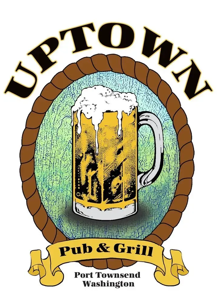 Uptown Pub & Grill logo with a frothy beer mug in an oval frame, Port Townsend, Washington