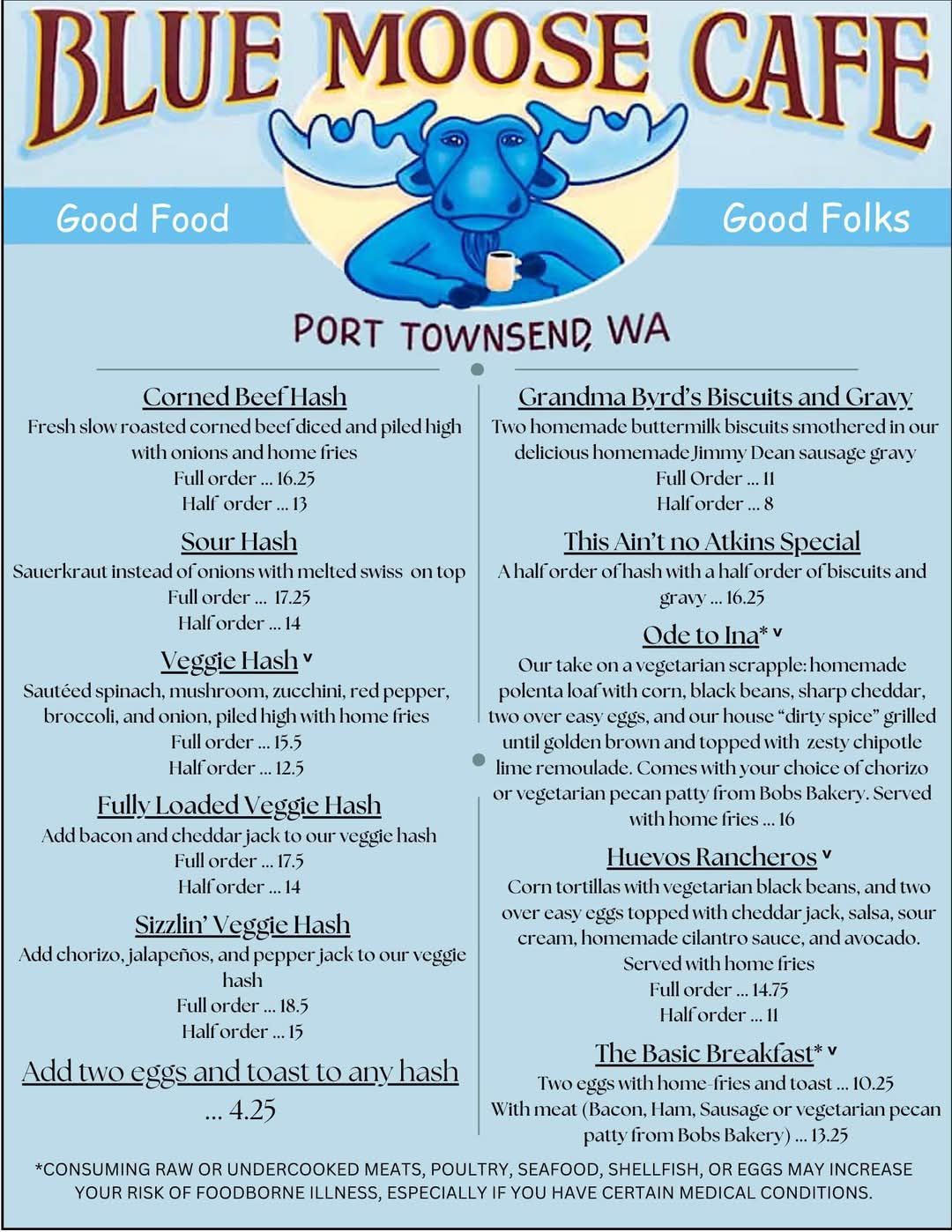 Blue Moose Cafe menu poster in blue with a cartoon moose and text columns, Port Townsend, WA