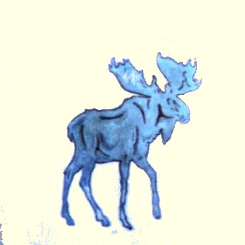 Blue watercolor moose with large antlers standing on a pale background