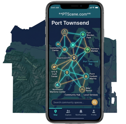 Smartphone showing a Port Townsend Jefferson County activities map app with glowing route lines on a dark map background