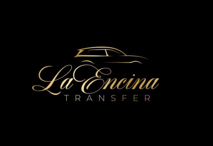 Logotipo dorado de “La Encina Transfer” con un coche estilizado sobre fondo negro.