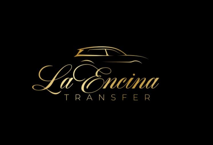 Logotipo dorado de “La Encina Transfer” con un coche estilizado sobre fondo negro.