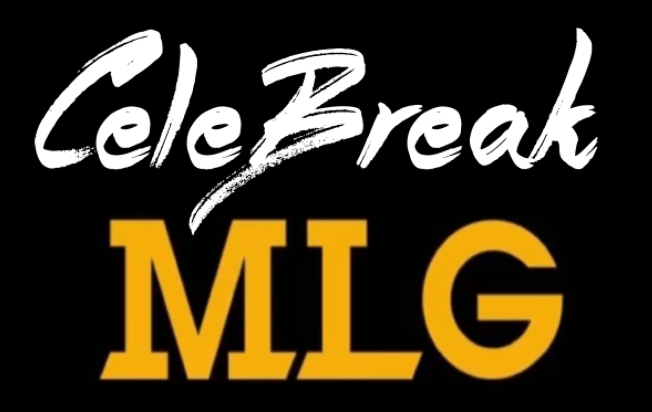 Logotipo de CeleBreak MLG en blanco y dorado sobre fondo negro.