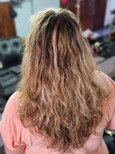 Mujer de espaldas con cabello largo y ondulado, en varios tonos de castaño y rubio. Lleva una blusa color melocotón.