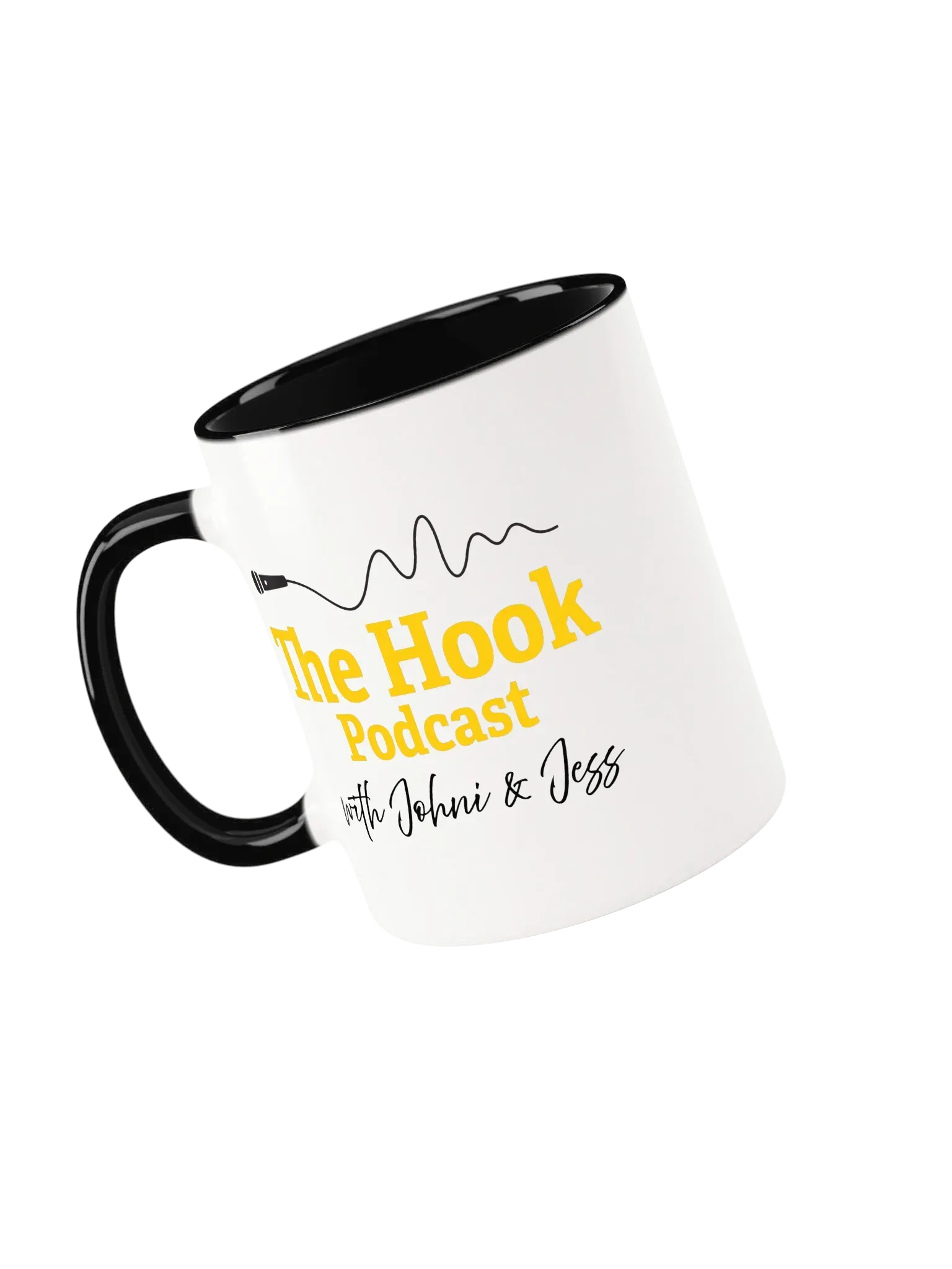 Black knit beanie with yellow “The Hook Podcast” logo on the cuff