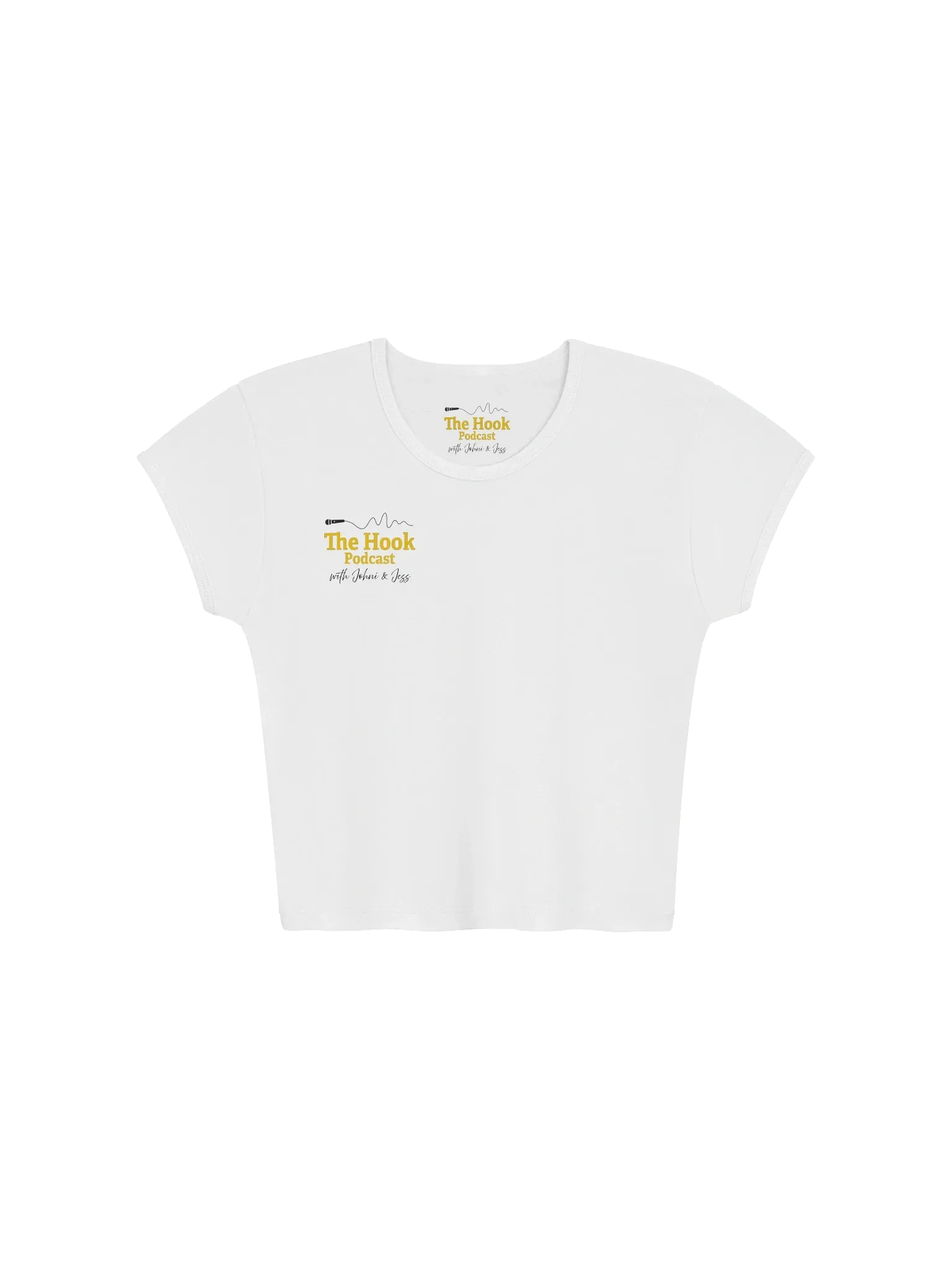 White crop top with short sleeves and small yellow logo on the chest
