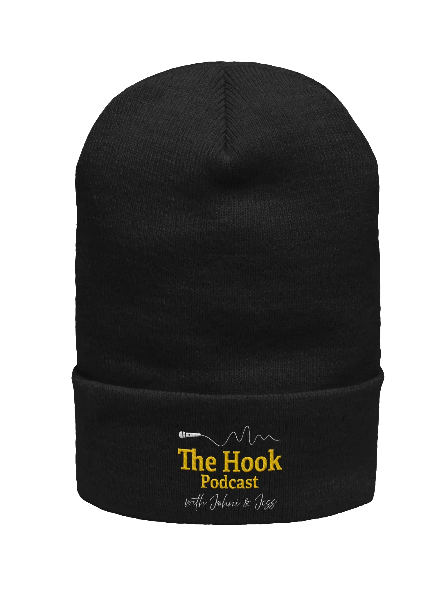 Black knit beanie with yellow “The Hook Podcast” logo on the cuff