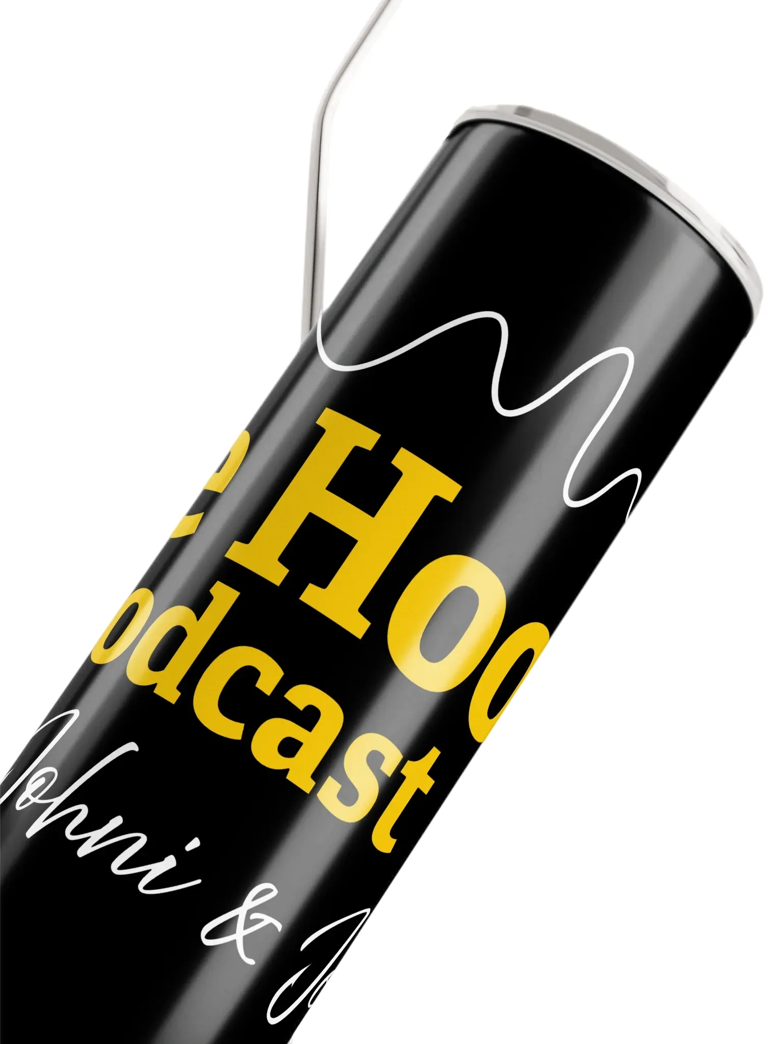 White knit beanie with a folded cuff and yellow “The Hook Podcast” logo text.