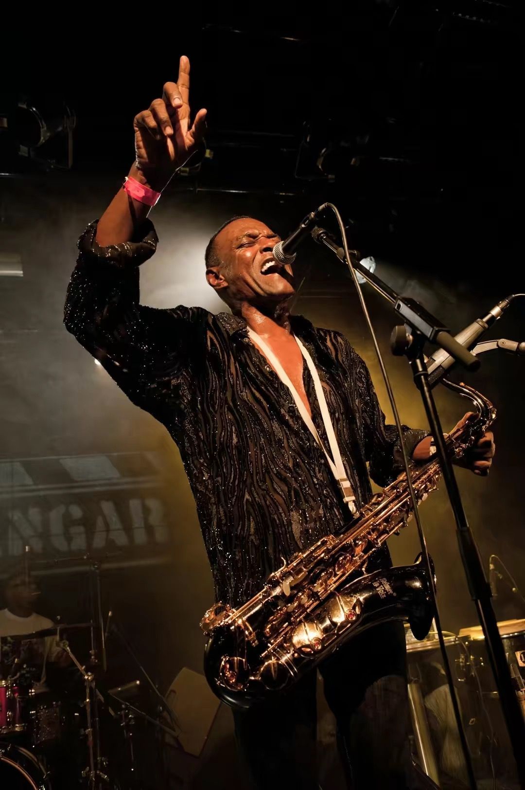 Singer performing on stage, pointing upward with one hand and singing into a microphone while holding a saxophone.