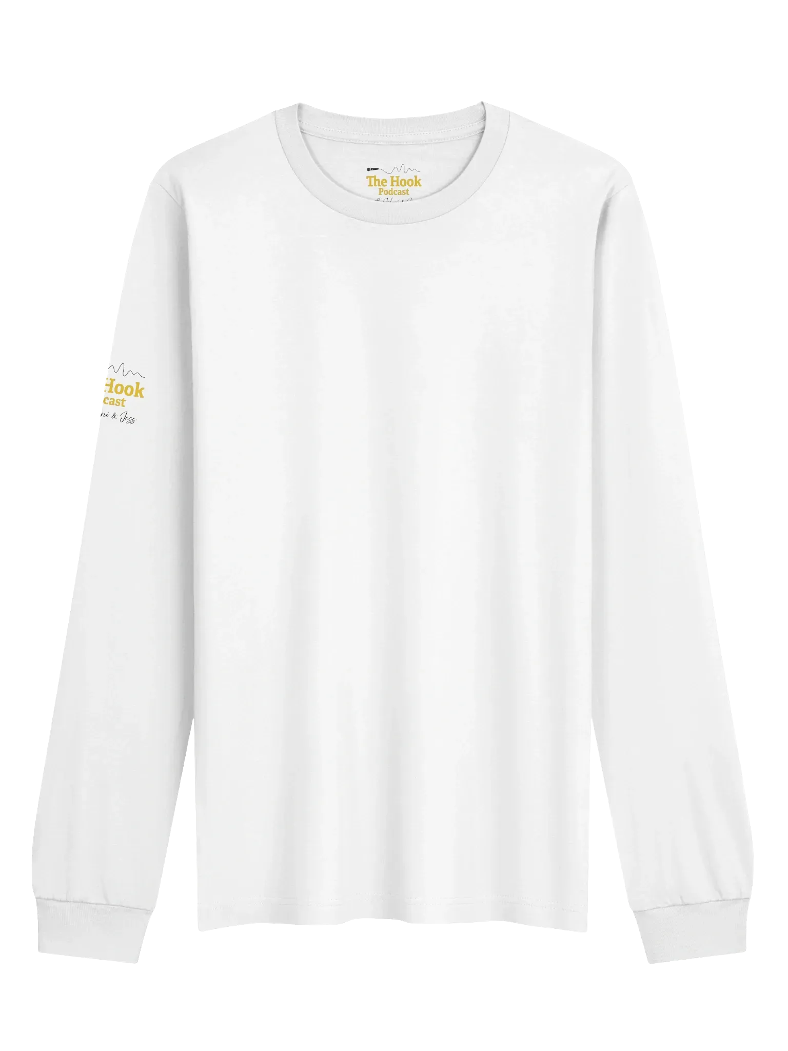 White long-sleeve crewneck shirt on a plain background