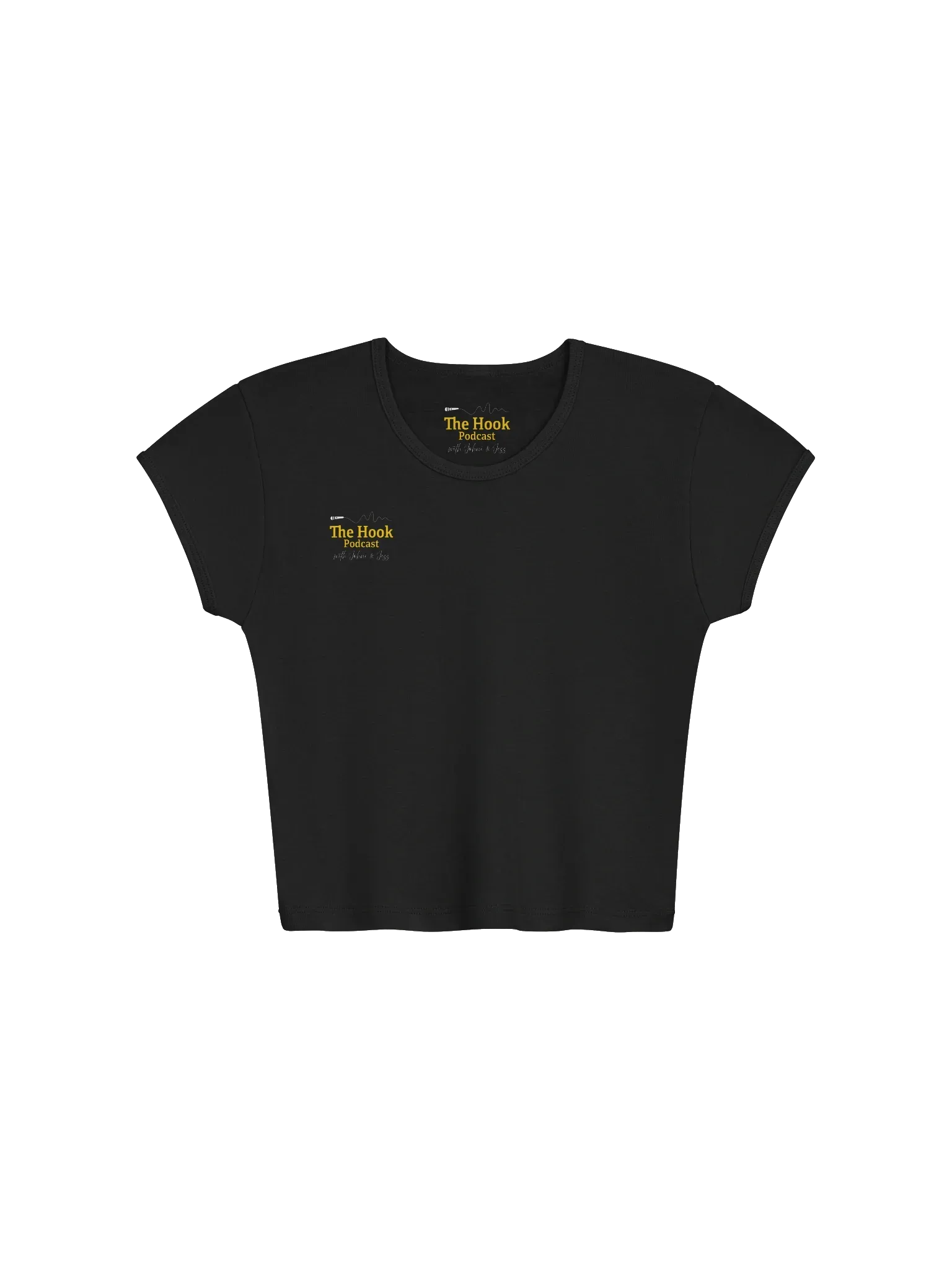 Black short-sleeve T-shirt with small gold text on the chest, shown on a white background