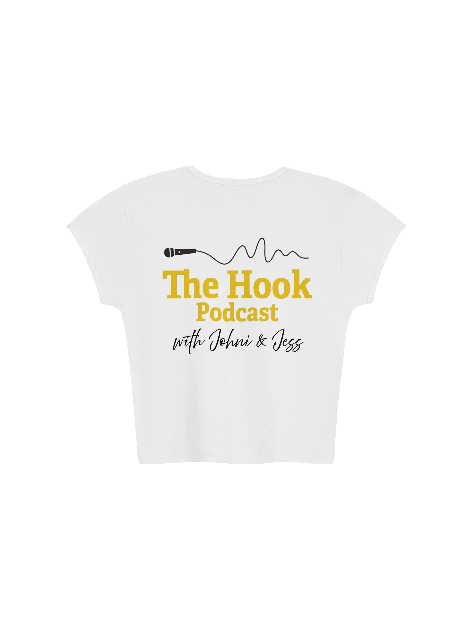 White T-shirt with “The Hook Podcast” logo and gold script text centered on the chest.