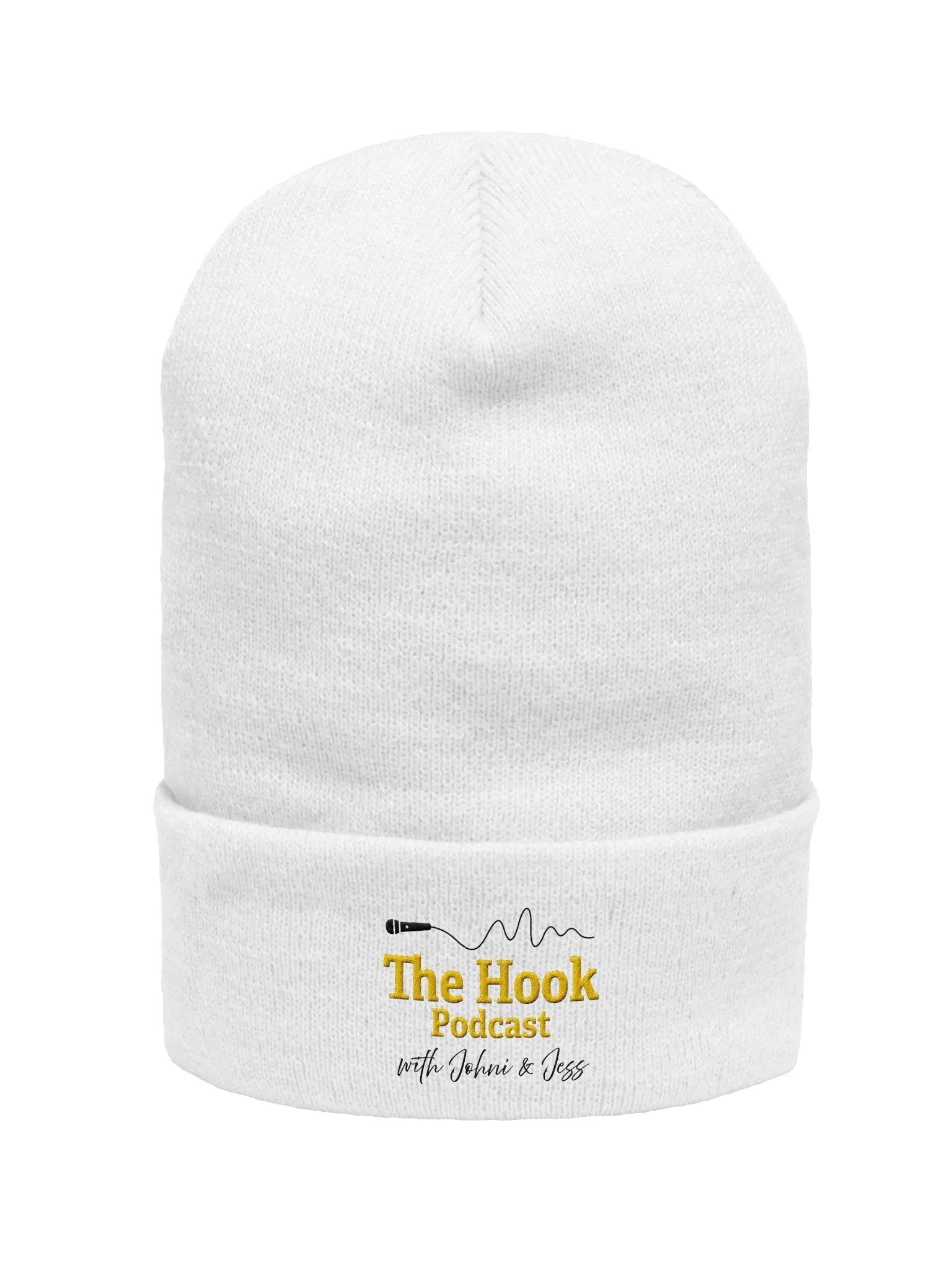 White knit beanie with a folded cuff and yellow “The Hook Podcast” logo text.
