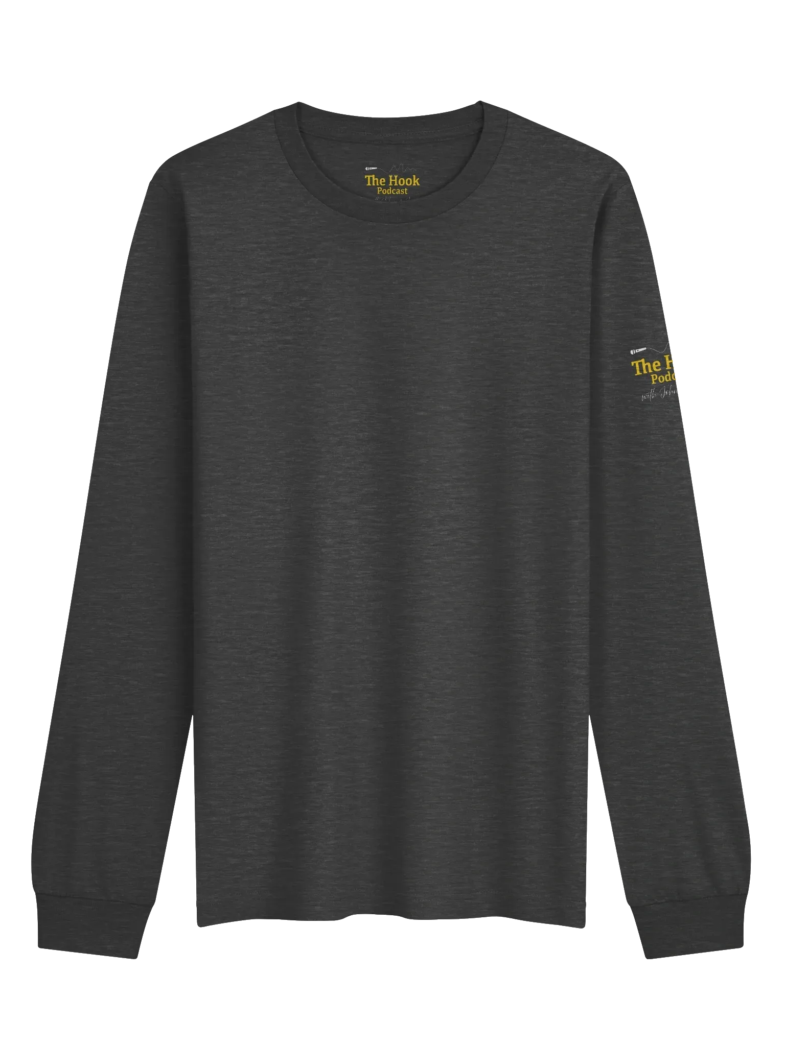 Dark gray long-sleeve crewneck shirt with a small yellow logo on the chest and sleeve