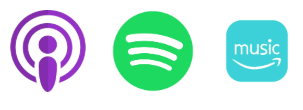 Podcast, Spotify, and Amazon Music app logos in purple, green, and light blue.