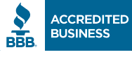The bbb logo is blue and white and says accredited business.