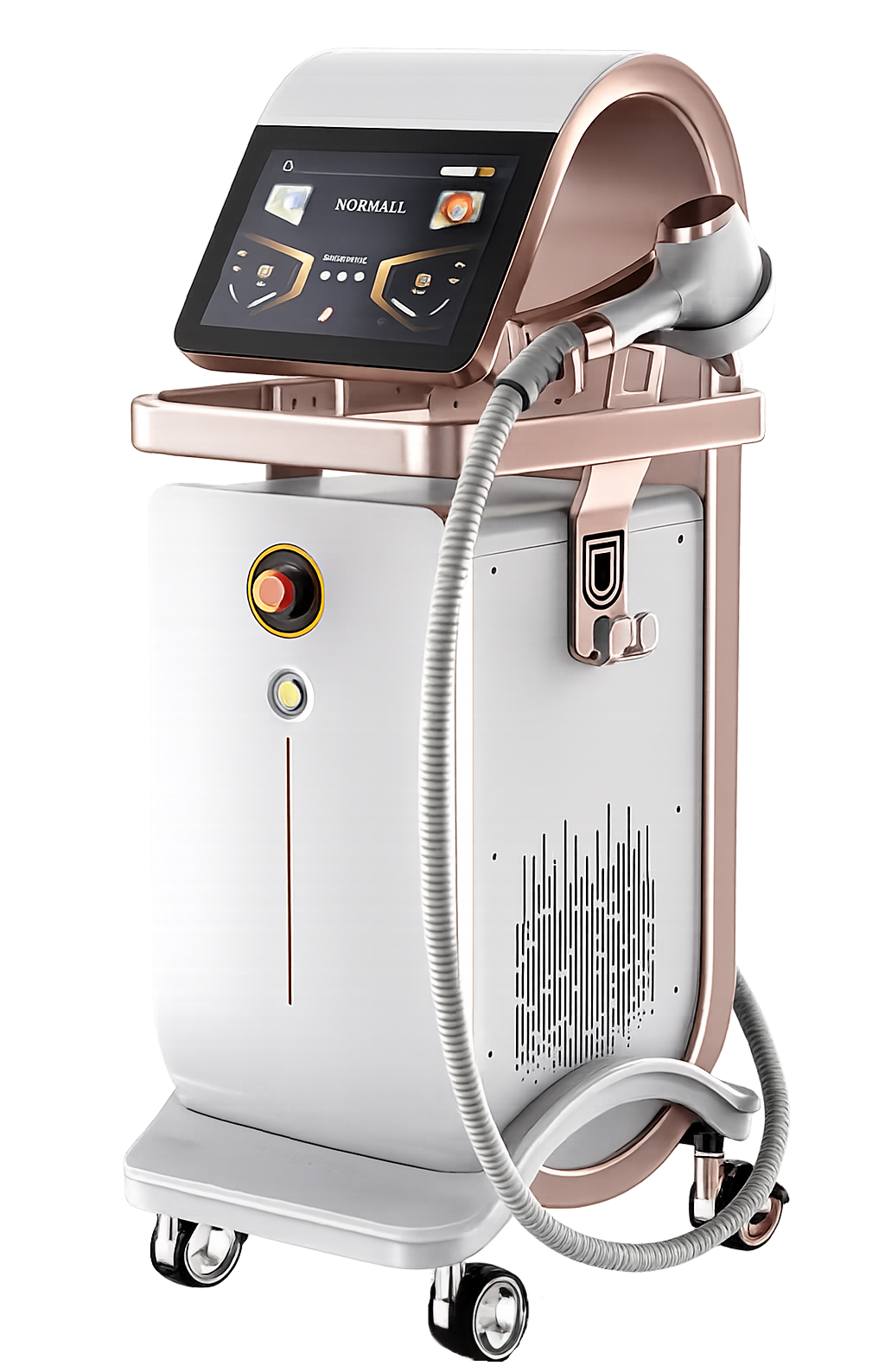 Mobile aesthetic treatment machine with touchscreen, hose, and adjustable arm on wheels