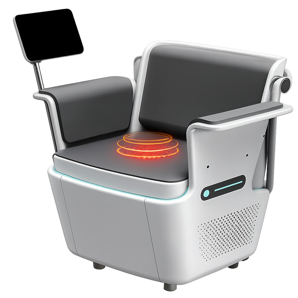 Modern massage chair with glowing red heating/vibration pad and small display screen