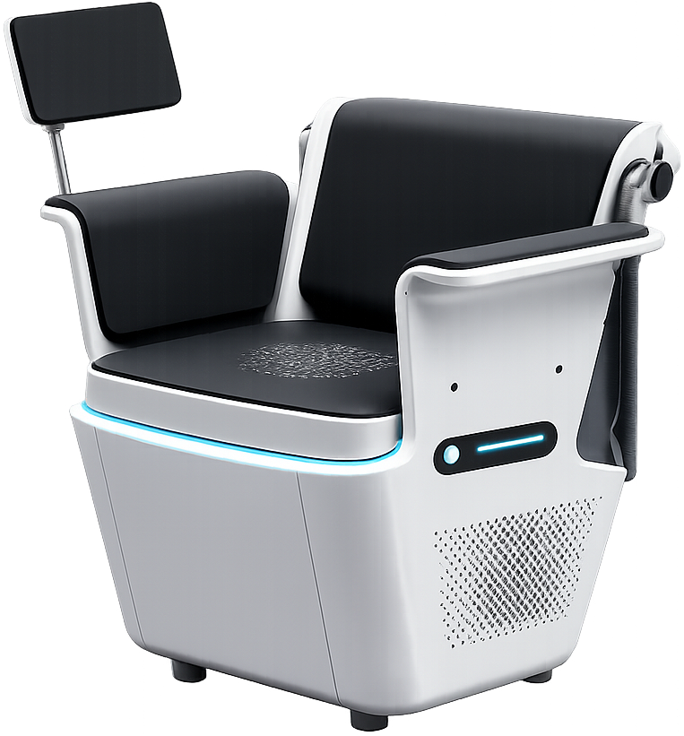 Modern white and black chair with digital controls, armrests, and a small headrest screen