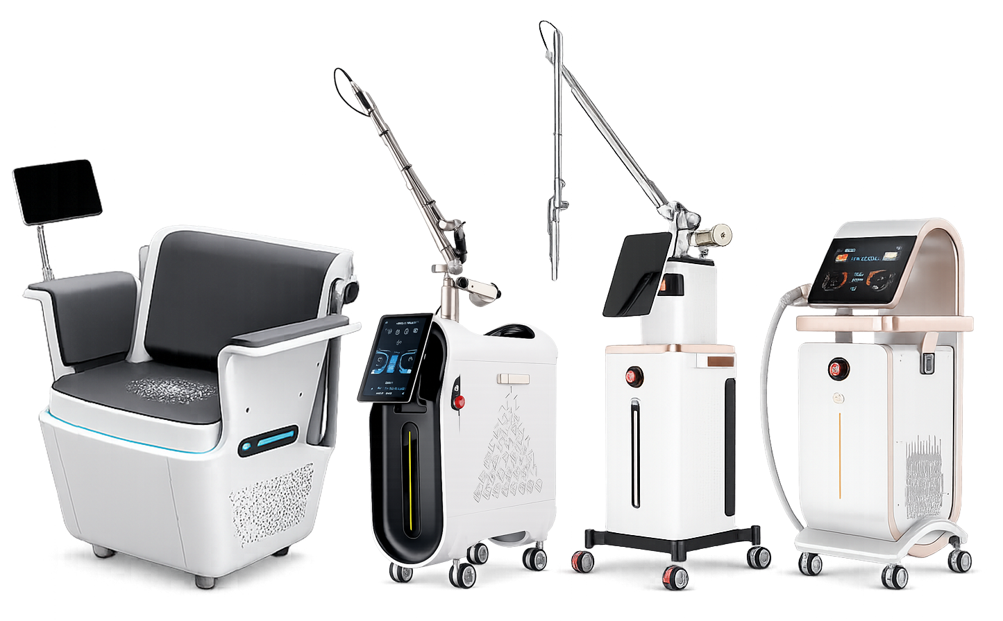 Lineup of medical aesthetic machines and treatment chairs on a white background