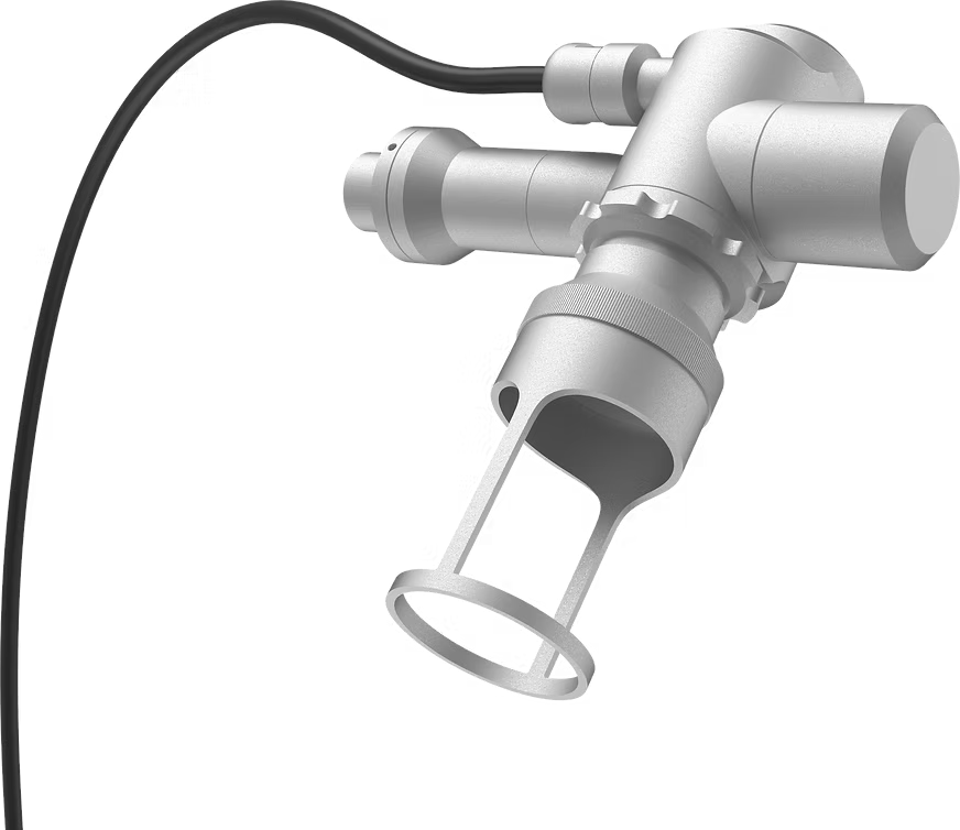 A gray handheld medical device with a cord and circular attachment, shown on a white background