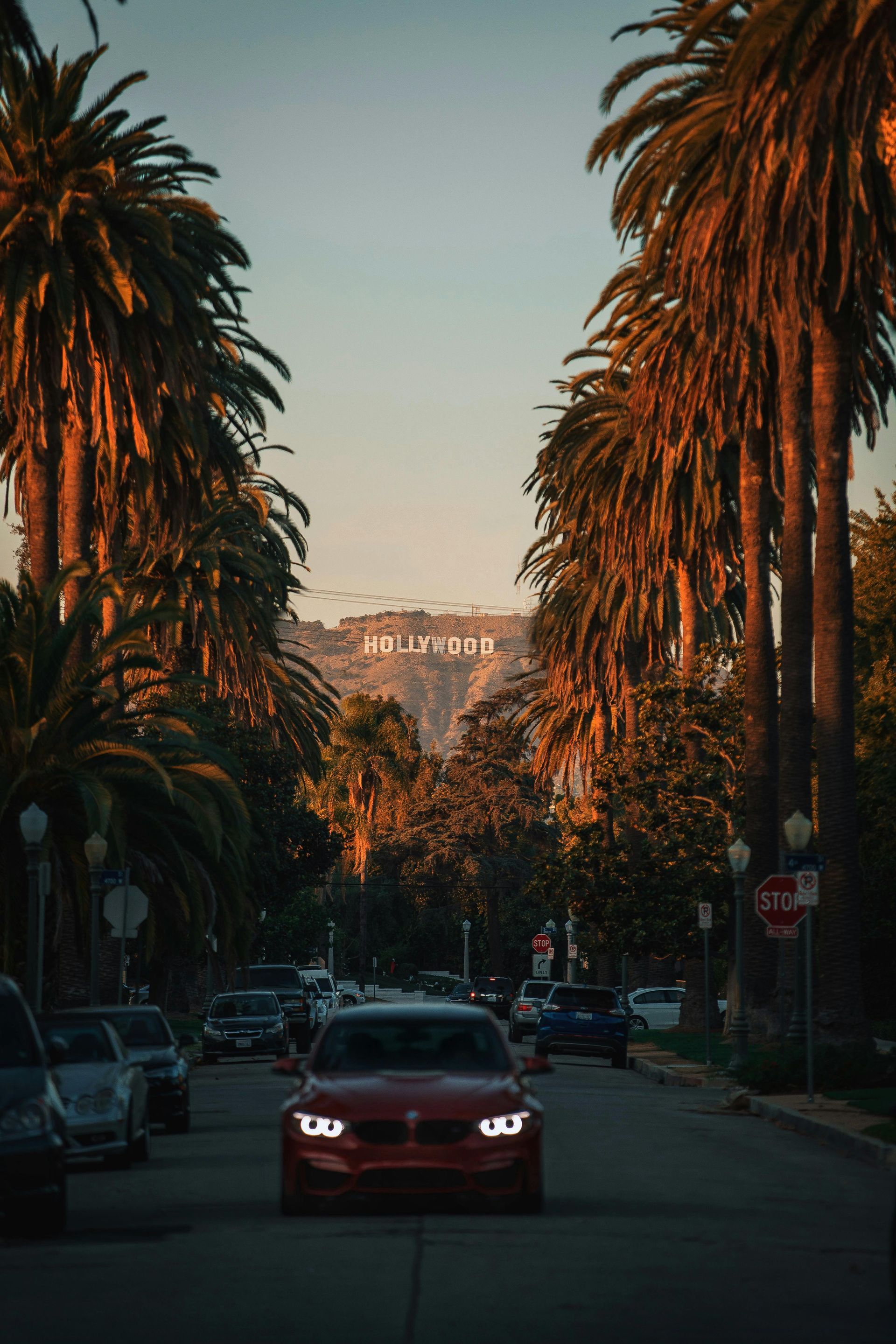 Red car drives towards Hollywood sign, framed by palm trees at sunset.