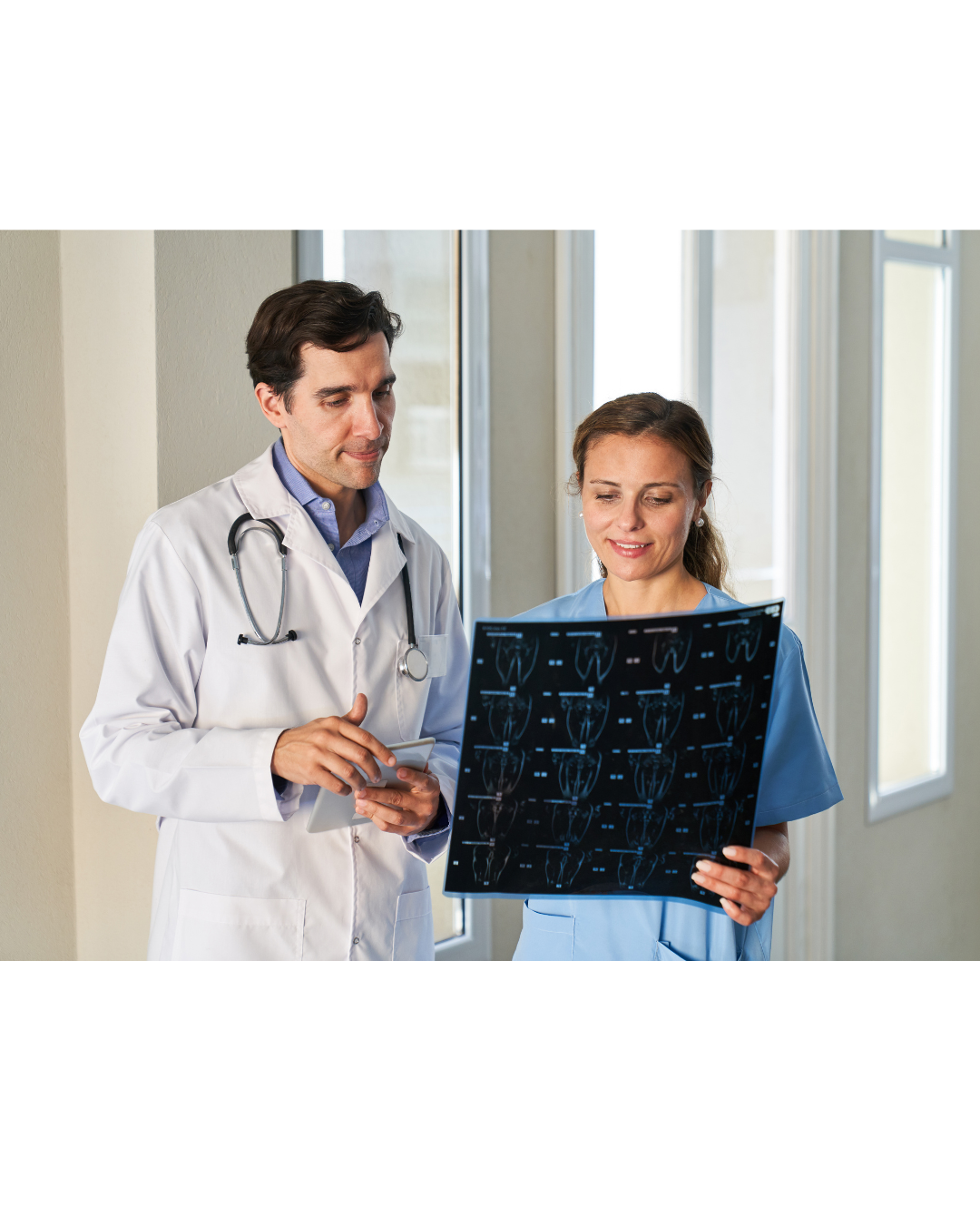 Two medical professionals examining an X-ray in a hallway. The doctor gestures while the other holds the X-ray.
