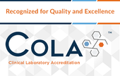 COLA Clinical Laboratory Accreditation logo with “Recognized for Quality and Excellence” on a gray geometric background
