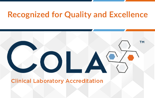 COLA Clinical Laboratory Accreditation logo with “Recognized for Quality and Excellence” on a gray geometric background