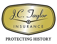 J.C. Taylor Insurance logo: Gold shield with black outline and text "J.C. Taylor Insurance - Protecting History".
