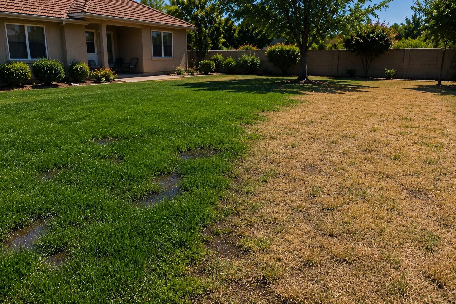 Dry green-and-brown lawn in a suburban front yard beside a house and fence under bright sun