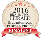 A 2016 bradenton herald people 's choice finalist badge with a red ribbon.