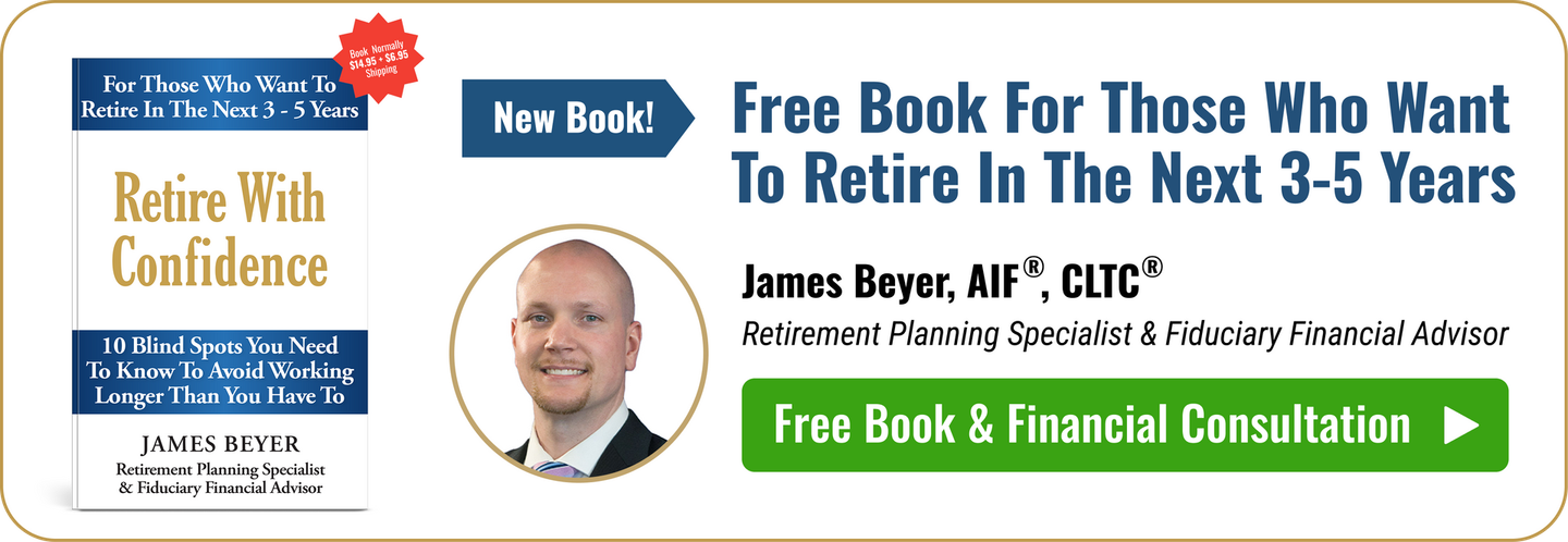 Retire With Confidence ad with book offer, photo of James Beyer, and green free consultation button