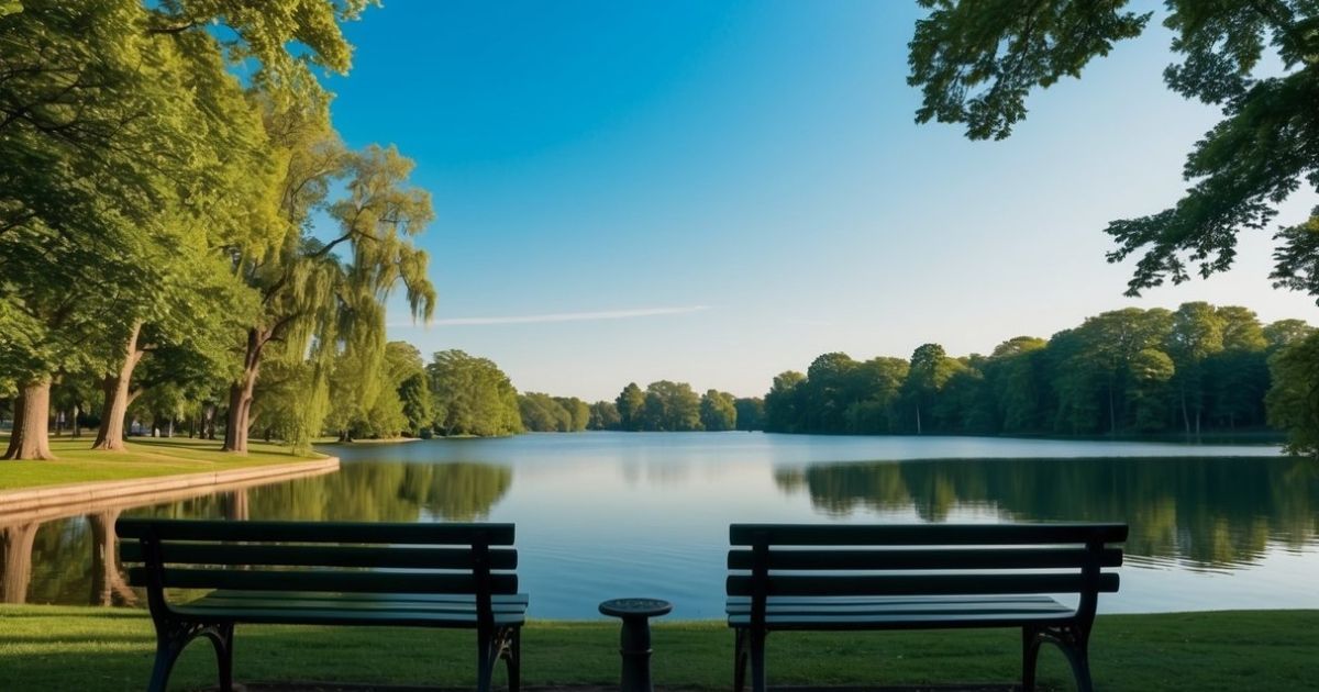 Two benches are sitting next to a lake in a park.