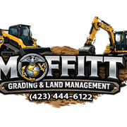 Moffitt Grading & Land Management logo with excavators, dirt mound, and phone number (423) 444-6122