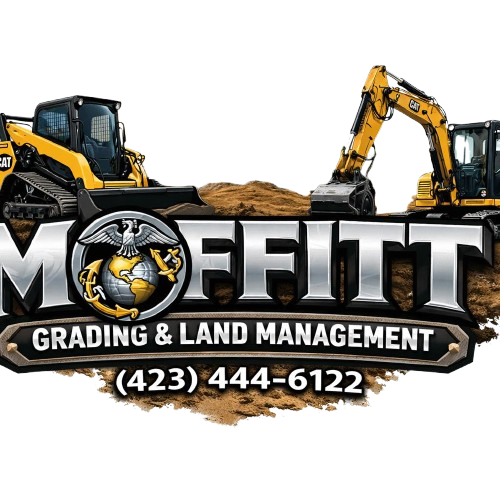 Moffitt Grading & Land Management logo with excavators, dirt mound, and phone number (423) 444-6122